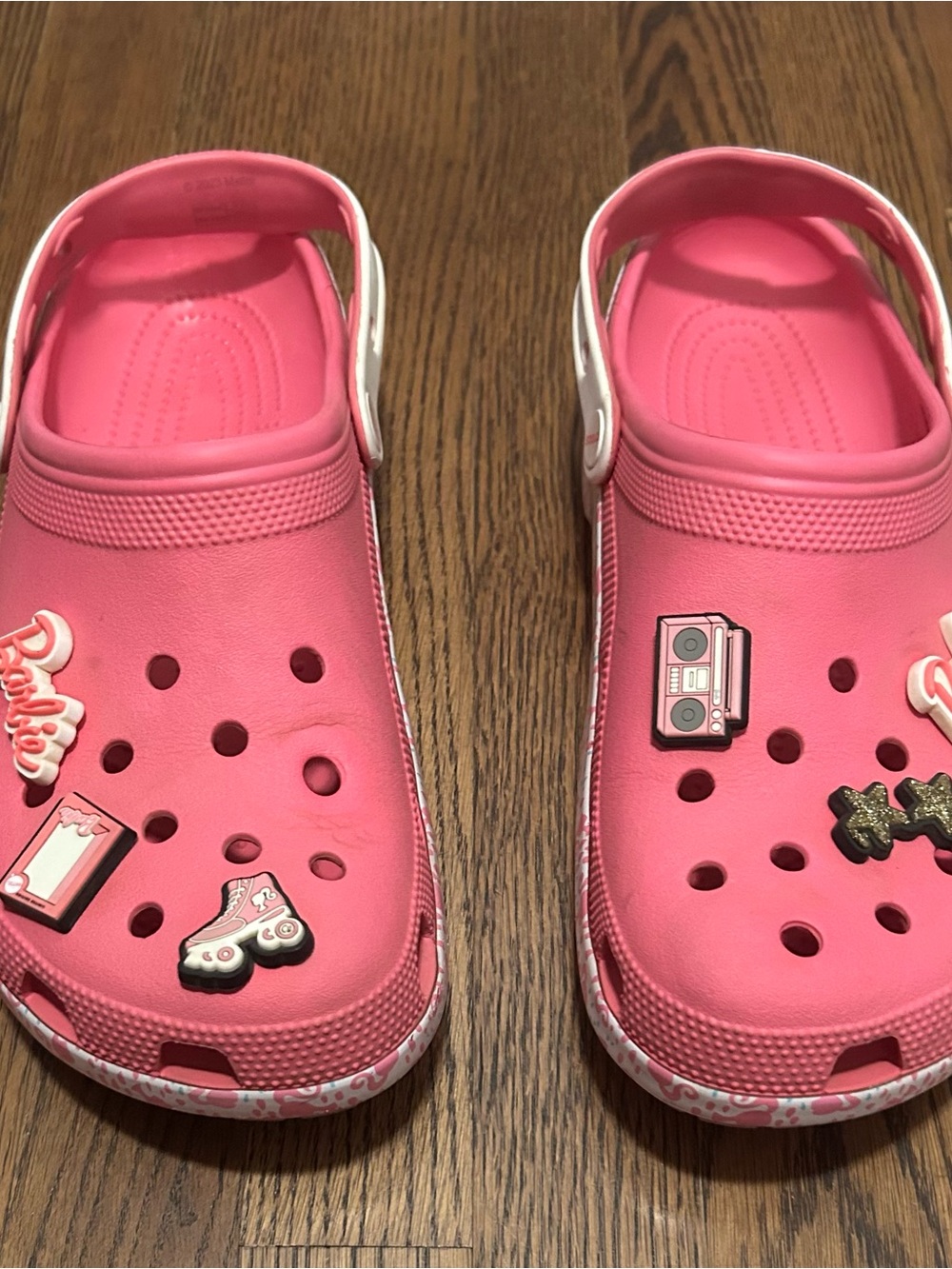 CROCS woman’s Barbie Classic Clog in Bright Pink with White Strap and charms
